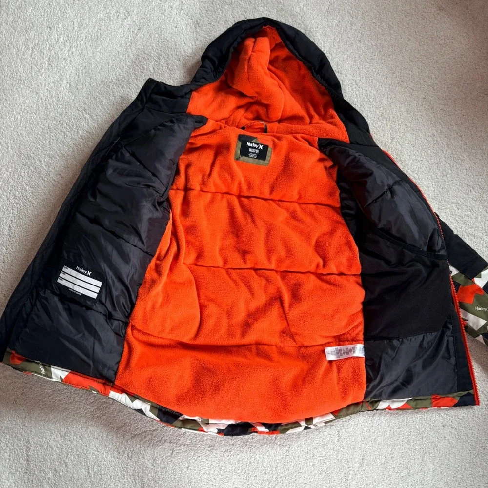 Hurley Puffer Jacket Camo Youth Hooded Boys Size M 10/12 Orange Green Black
